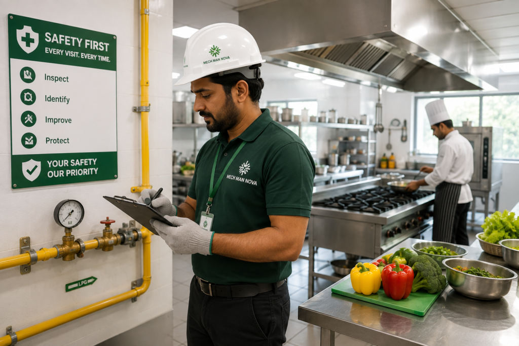 Engineer carrying out a safety inspection of a commercial kitchen gas pipeline