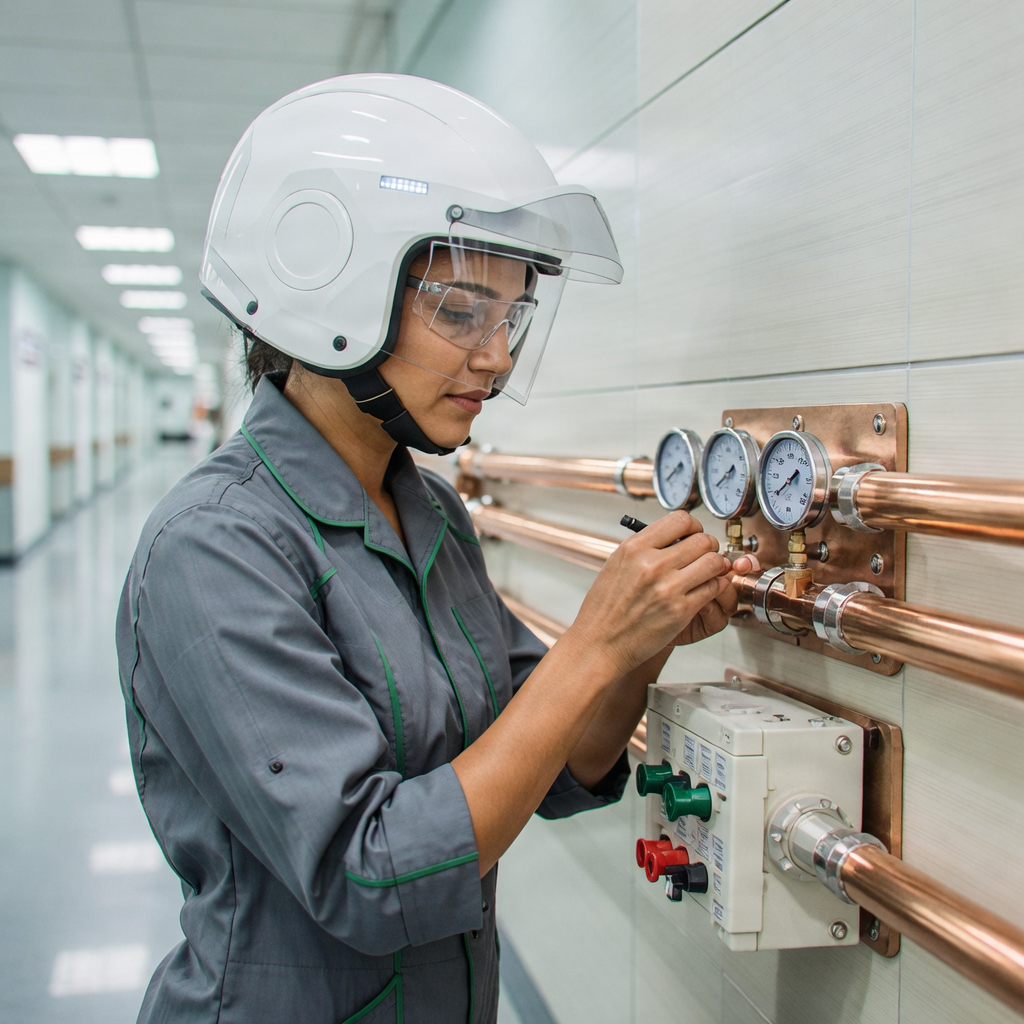 Engineer checking pressure gauges on a copper medical gas pipeline installation in a hospital corridor